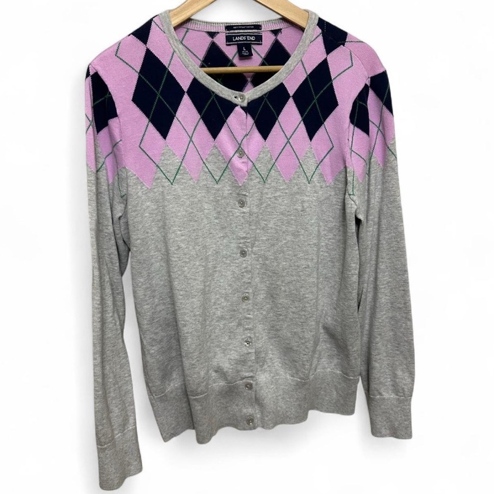Lands' End Women's Gray, Navy and Lavender Argyle Cardigan Sweater